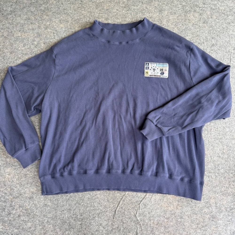 Parke XXL Navy Blue Ribbed Cotton Mock Neck Graphic Patch Sweatshirt Oversized